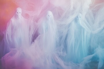 Three ghosts are standing in a misty, foggy atmosphere