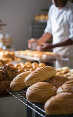 Baker arranging bread in bakery