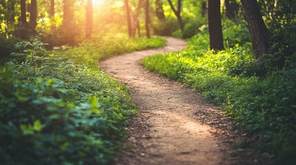 Fototapeta premium Scenic Winding Path Through Lush Green Forest at Sunset Glow
