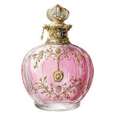 Ornate Vintage Perfume Bottle with Pink Liquid and Gold Accents