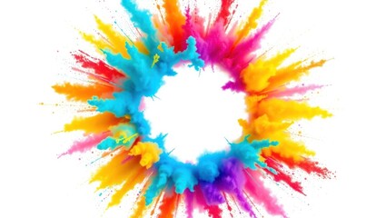 Colorful Powder Explosion Creating Circular Frame on White Background