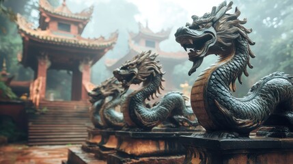 Fototapeta premium Serene Dragon Statues Guard Ancient Temple Amidst Misty Forest