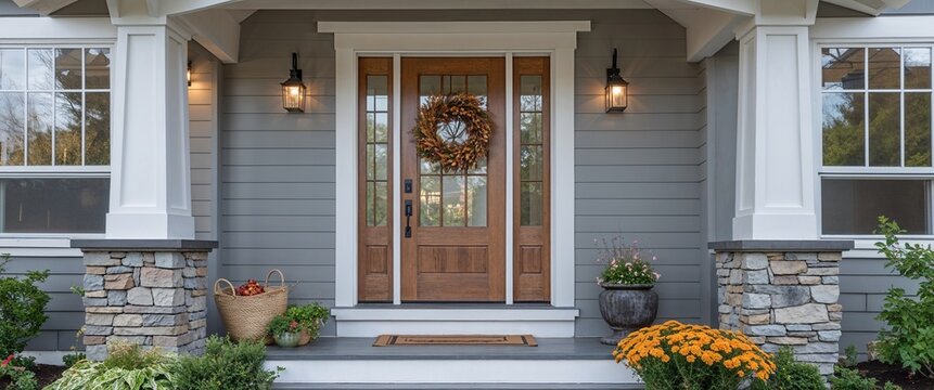wooden front door in gray craftsman home house frontage portrait