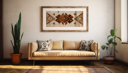 Modern interior design of living room with beige sofa and picture with ethnic pattern.