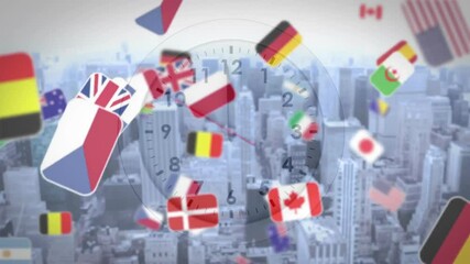 Floating international flags over cityscape with clock face animation in background - Powered by Adobe