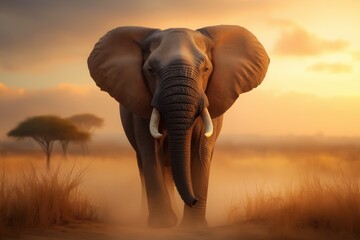 Obraz premium A massive elephant stands in the African savannah, surrounded by golden grass coated in dry dust, with the sun glowing in the background.