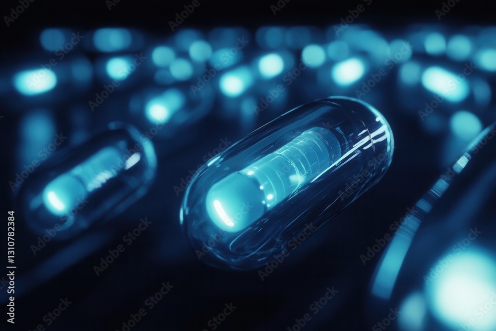 Aufkleber glowing capsules emit soft blue light in a dark futuristic environment with an abstract design repre