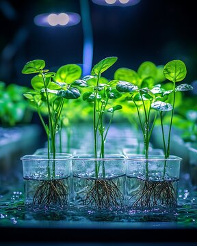 A close-up of vibrant hydroponic plants with roots suspended in nutrient-rich water, thriving under artificial lighting