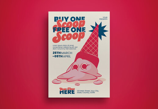 Red and Blue Quirky Illustration Ice Cream Shop Promo Flyer Layout