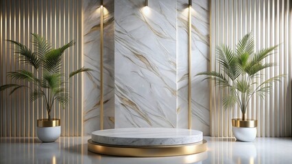 Elegant Round Marble Pedestal Display with Gold Accents and Lush Tropical Plants