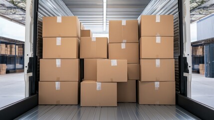 A stack of cardboard boxes is loaded inside a delivery truck, ready for shipping and transport.