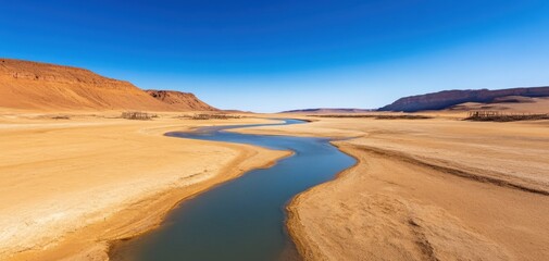 Fototapeta premium A serene desert landscape featuring a winding river, surrounded by arid terrain under a clear blue sky.