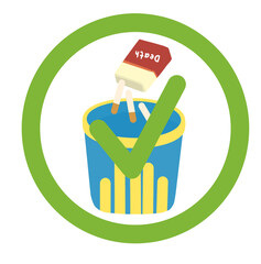 A minimalistic flat-design illustration depicting quitting smoking. A cigarette pack is thrown into a blue bin with a large green checkmark, emphasizing positive lifestyle change.

