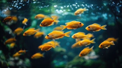 Fototapeta premium A group of small orange fish swimming in clear water