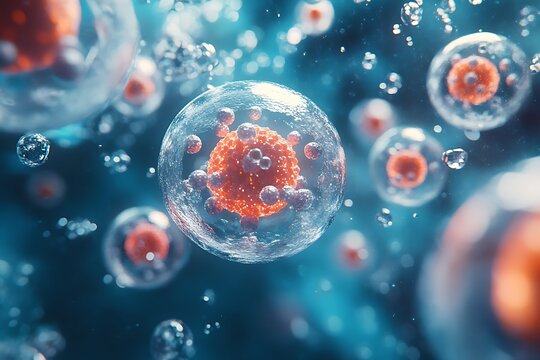 A close-up of microscopic nanospheres interacting with a living cell, surrounded by floating molecular structures in a high-tech environment