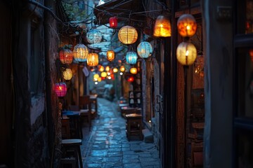 Naklejka premium A narrow alleyway filled with handmade lanterns of different shapes and colors. The glow of the lights gives the street a warm and cozy feel