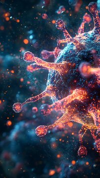 A zoomed-in visualization of a human cell engulfing tiny nanostructures, symbolizing biotechnology innovation in healthcare