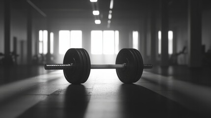 Barbell on the floor of an empty gym, clean lines, empty gym atmosphere, soft lighting 