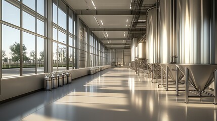A high-tech food production facility with large stainless steel fermentation tanks processing probiotic cultures under controlled conditions