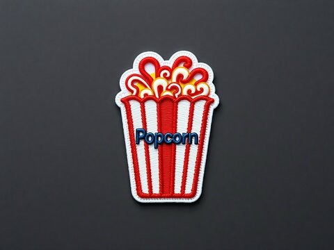 Generative A.I. creates an embroidered popcorn design with a red-and-white striped bucket, capturing a playful, textured, and artistic take on the beloved movie snack in a fabric-inspired style