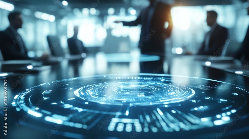 Poster futuristic circular hologram interface displaying data and information on a table during a business 