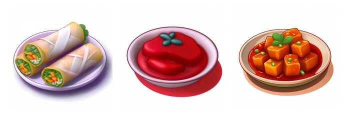 Three dishes displayed: spring rolls, tomato dip with basil, and tofu cubes in a savory sauce. A vibrant and appetizing food arrangement.