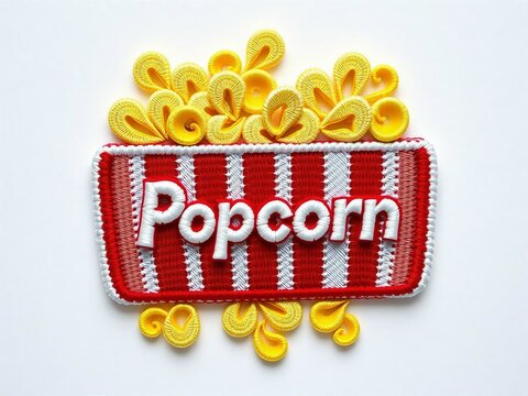 Generative A.I. creates an embroidered popcorn design with a red-and-white striped bucket, capturing a playful, textured, and artistic take on the beloved movie snack in a fabric-inspired style