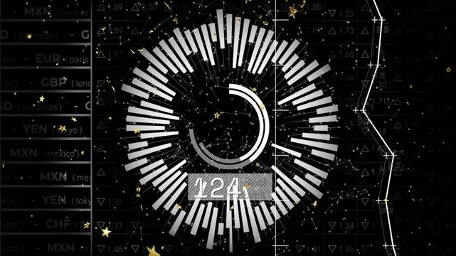 Circular bar graph animation over currency exchange rates and star patterns