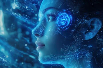 a futuristic quantum computing core with holographic ai symbols floating above intricate circuitry, bathed in electric blue light with data streams flowing through transparent neural pathways