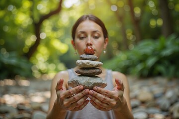 Naklejka premium Find peace with this calming image of a woman meditating with balanced stones in a lush forest