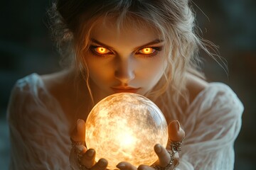 Naklejka premium Mystical Woman with Glowing Eyes Holding Enchanted Crystal Ball