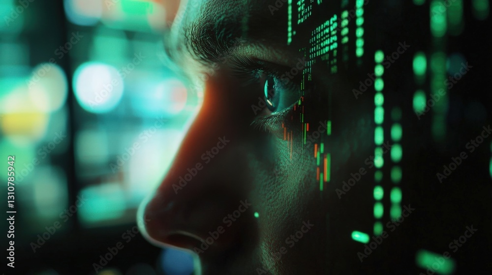 Poster close up profile of a software engineer analyzing code and data projected on his face, suggesting a 