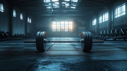 Empty gym with a lone barbell in the middle of the floor, soft lighting highlighting its features 