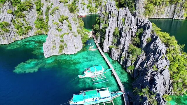 Aerial drone view of Twin Lagoon in Philippines. near coron island, tourism destination in Palawan islands. 
