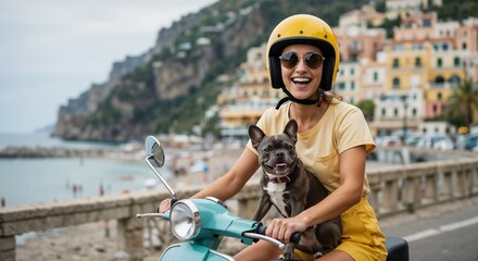 Happy Woman with Dog on Scooter in Italian Coastal Town