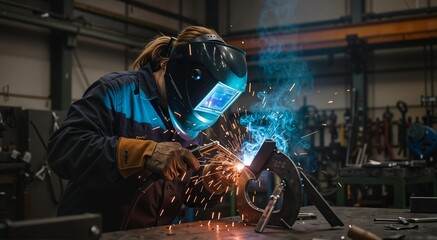 Strong Female Welder Welding Metal in Industrial Workshop