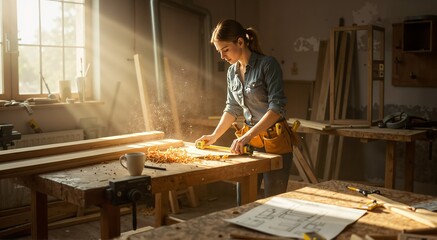 Skilled Woman Woodworker Concentrating at Work in Woodshop with Sunlight