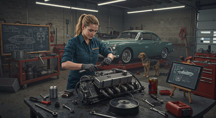 Focused Woman Mechanic Repairing Car Engine in Equipped Garage with Dog