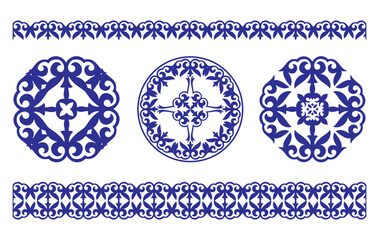 Set of blue decorative borders in portuguese azulejo style. Monochrome portuguese ornament of curls, spirals on white background. Set for ornate portuguese azulejo ceramic tile borders