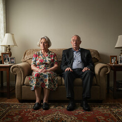 Somber Elderly Couple Sitting Together in Living Room