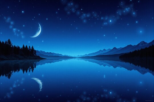 Create serenity with this tranquil night scene of a lake reflecting a starry sky and crescent moon. Ideal for nature wallpapers, meditation visuals, or calm advertisements