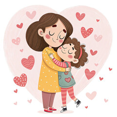 Cute cartoon mother and child illustration with a love heart mother day concept background
