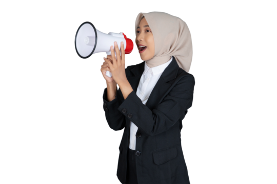 Portrait of Young Businesswoman in a Hijab with Megaphone Isolated Transparent