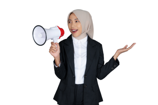 Portrait of Young Businesswoman in a Hijab with Megaphone Isolated Transparent