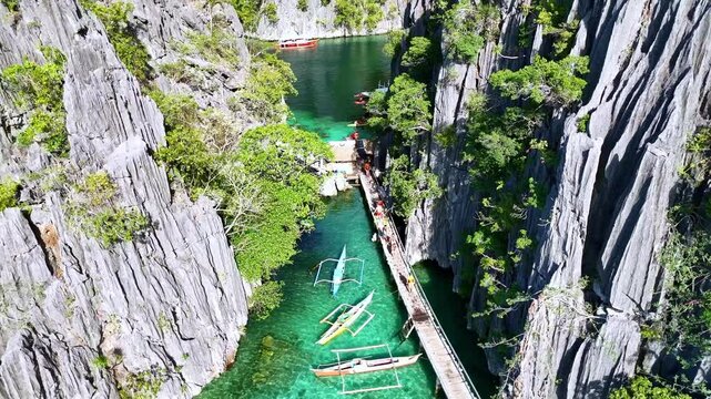 Aerial drone view of Twin Lagoon in Philippines. near coron island, tourism destination in Palawan islands. 