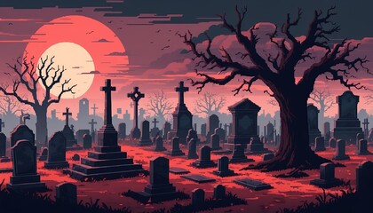Eerie Sunset over a Graveyard