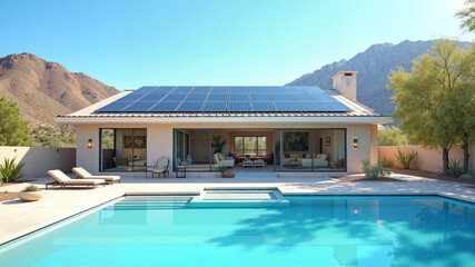 Fototapeta premium Photovoltaic solar panels on the rooftop villa with swimming pool in front