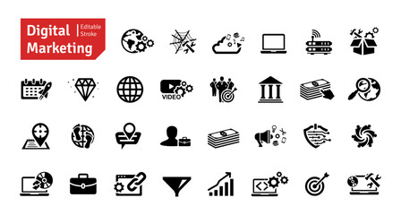 Digital Marketing and SEO Icons Set. Social Media, Communication, Technology, Advertising, Ecommerce, Cyberspace, Target Audience, Website Icons Editable Stroke Vector Illustration