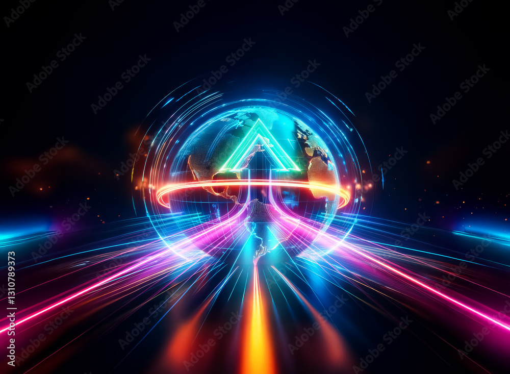 Poster vibrant abstract image featuring a glowing arrow pointing upwards, layered over a globe with streaks