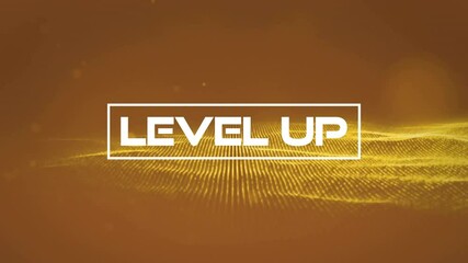 Level up text animation over yellow wave pattern on brown background - Powered by Adobe